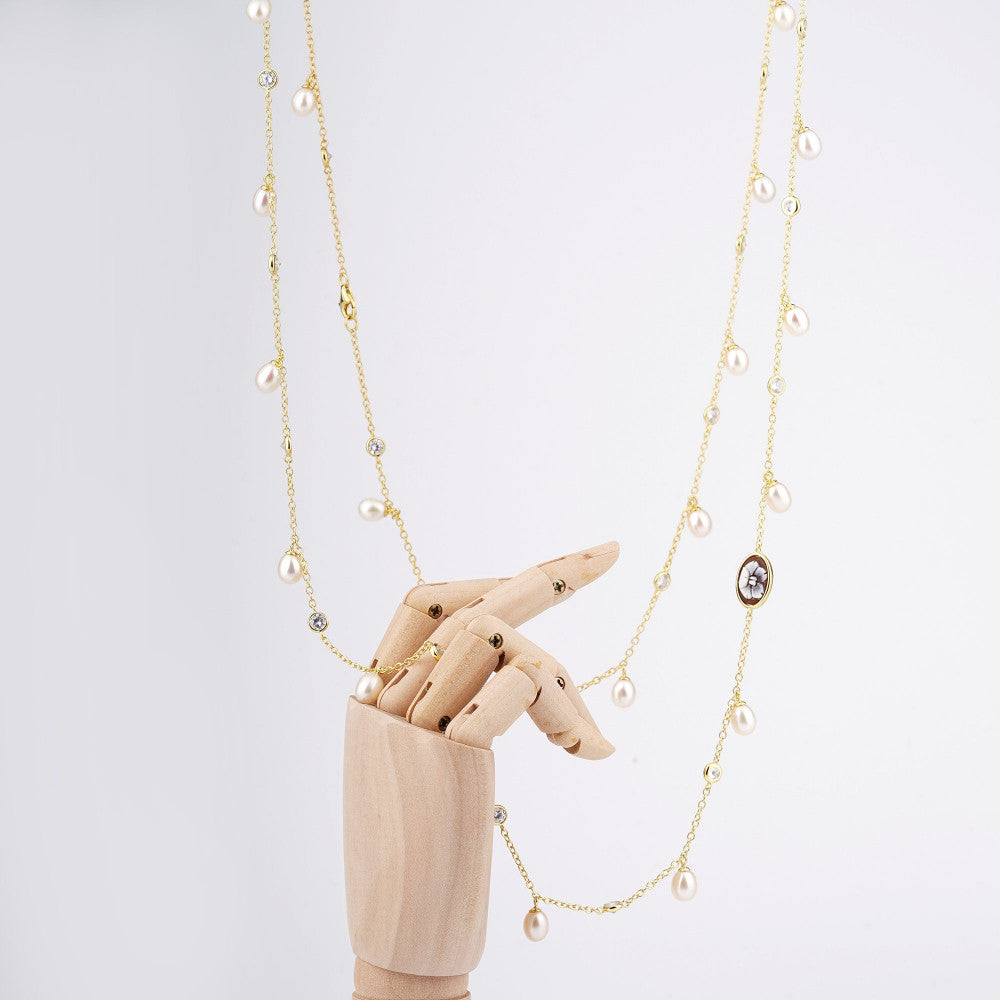 Collana Donna Cameo Italiano Argento Dorato 925 Fiore Cammeo Perle Zirconi C4-G